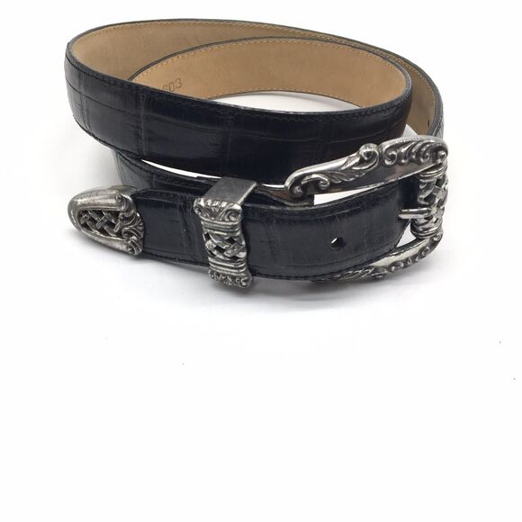 1995 Brighton Croc Embossed Leather Belt L44803 Black Silver Scrolls Buckle Sz L main image 14